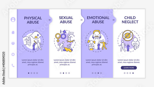 Domestic child abuse onboarding vector template. Parental neglect. Parent ignore children. Physical assault. Responsive mobile website with icons. Webpage walkthrough step screens. RGB color concept