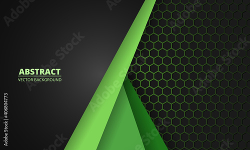 Dark gray and green carbon fiber honeycomb background with green lines. Technology modern futuristic hexagon abstract background. Futuristic modern sport backdrop. Vector illustration EPS10.