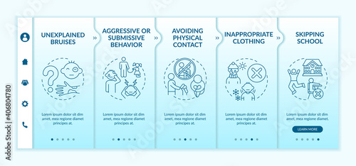Physical abuse sign onboarding vector template. Child safety. Sexual assault victim. Harassed kid. Responsive mobile website with icons. Webpage walkthrough step screens. RGB color concept