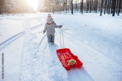 Rear view of a child pulling plastic sled through snowy forest.