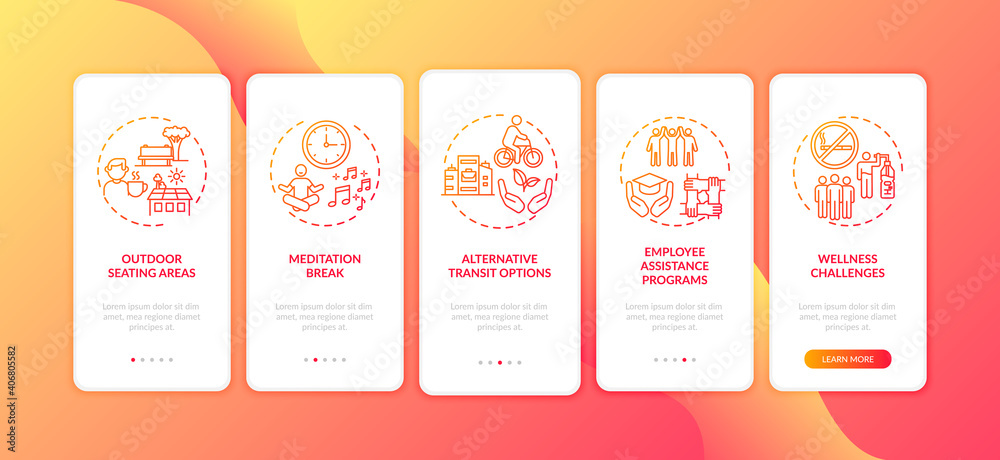 Workplace wellbeing practices onboarding mobile app page screen with concepts. Meditation break, assistance walkthrough 5 steps graphic instructions. UI vector template with RGB color illustrations