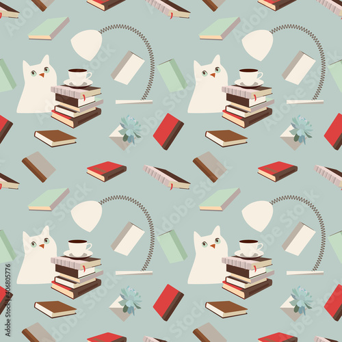 Library pattern. Seamless vector doodle pattern with books, bookshelves, houseplants, table lamps, cat and cups of coffee or tea.