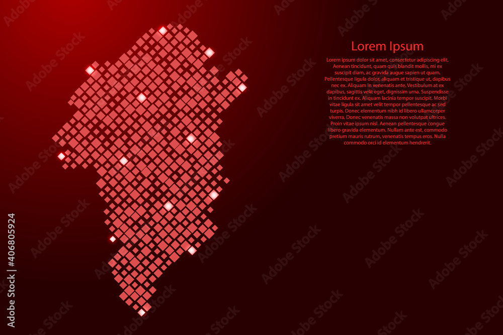 Greenland map from red pattern rhombuses of different sizes and glowing space stars grid. Vector illustration.