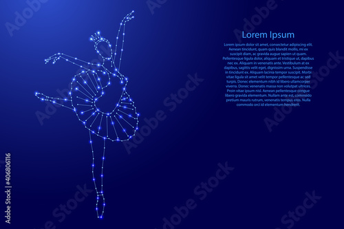 Balerina, balette dencer in the pose arabesque from futuristic polygonal blue lines and glowing stars for banner, poster, greeting card. Vector illustration.