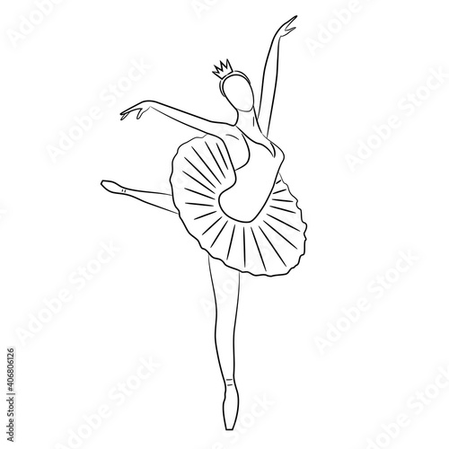 Balerina, balette dencer in the pose arabesque sketch draw from the contour black brush lines different thickness on white background. Vector illustration.