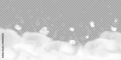 Bath foam with bubbles isolated on transparent background. Realistic soap lather texture. Vector illustration of shampoo, gel or mousse suds overlay effect