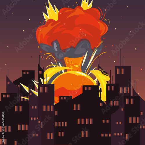 Military explosion flame at cirty vector design photo