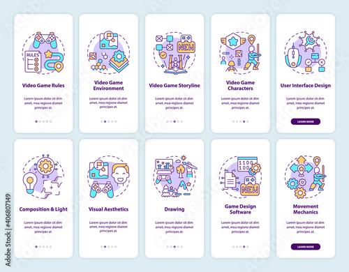 Video game design onboarding mobile app page screen with concepts set. Video game environment walkthrough 10 steps graphic instructions. UI vector template with RGB color illustrations