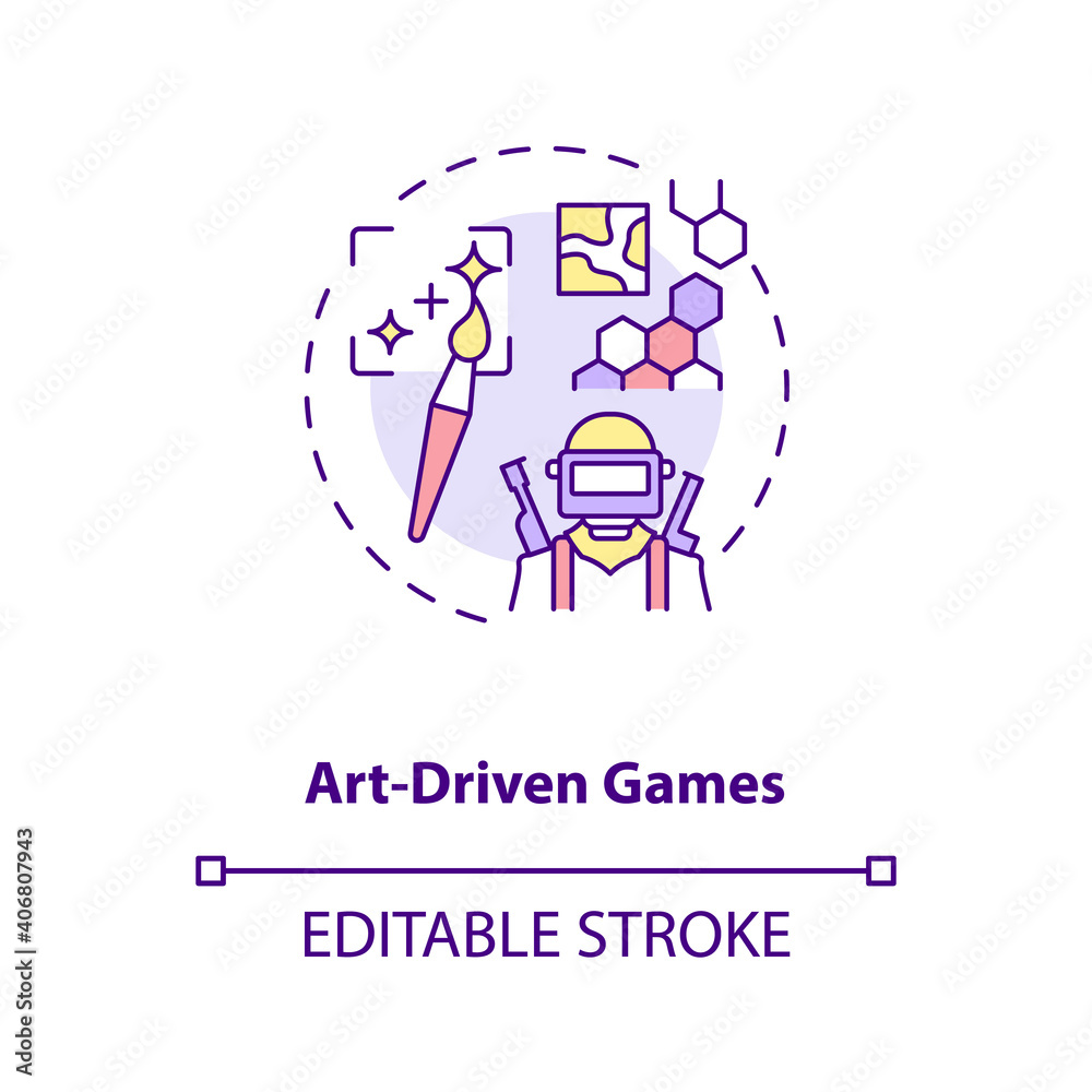 Art driven games concept icon. Video games types. Show beautiful picture while playing. Project idea thin line illustration. Vector isolated outline RGB color drawing. Editable stroke