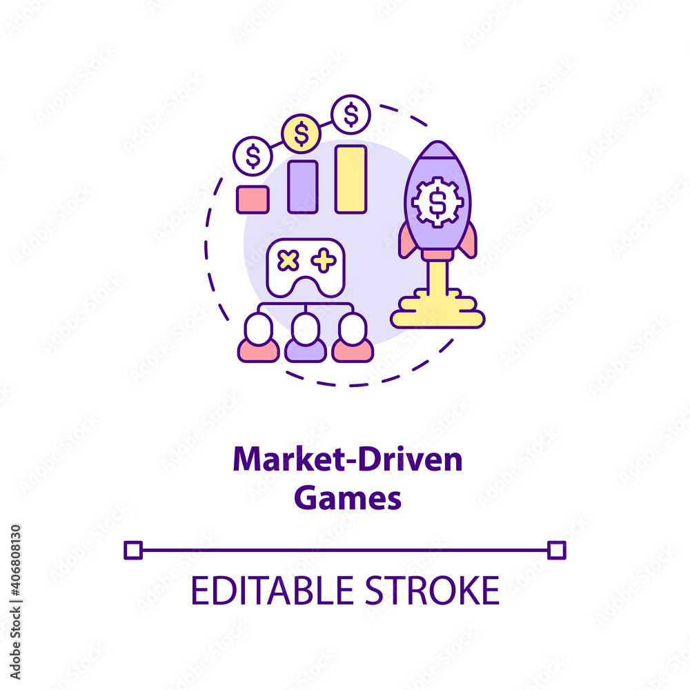 Market driven games concept icon. Video games types. Creating product to earn money. Increasing budget idea thin line illustration. Vector isolated outline RGB color drawing. Editable stroke