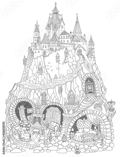 Vector contour thin line illustration. Fairy tale Dragon family apartment in the old cave in a dungeon under the medieval castle. Black and white sketch. Adults coloring book page, tee shirt print