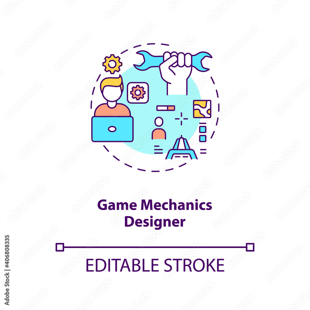 Game mechanics designer concept icon. Game designers types. Responsible for playing experience. Employee idea thin line illustration. Vector isolated outline RGB color drawing. Editable stroke