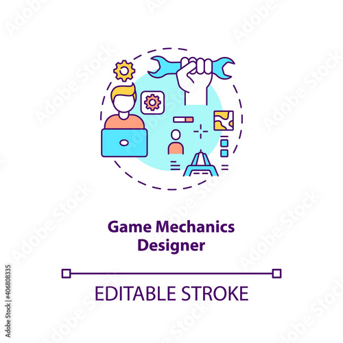 Game mechanics designer concept icon. Game designers types. Responsible for playing experience. Employee idea thin line illustration. Vector isolated outline RGB color drawing. Editable stroke