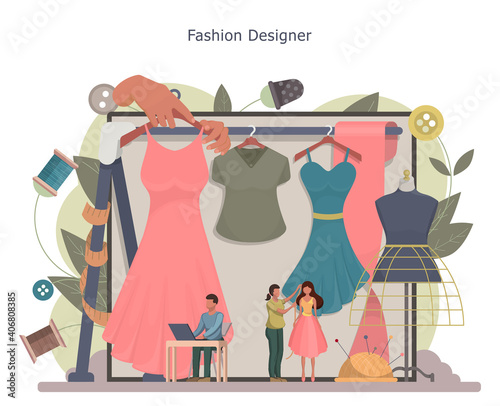 Fashion designer or tailor concept. Tiny tailor masters taking measurement. Creative atelier profession. Vector illustration.