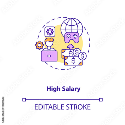 High salary concept icon. Game design industry benefits. Receive lots of money for high quality job. Working idea thin line illustration. Vector isolated outline RGB color drawing. Editable stroke