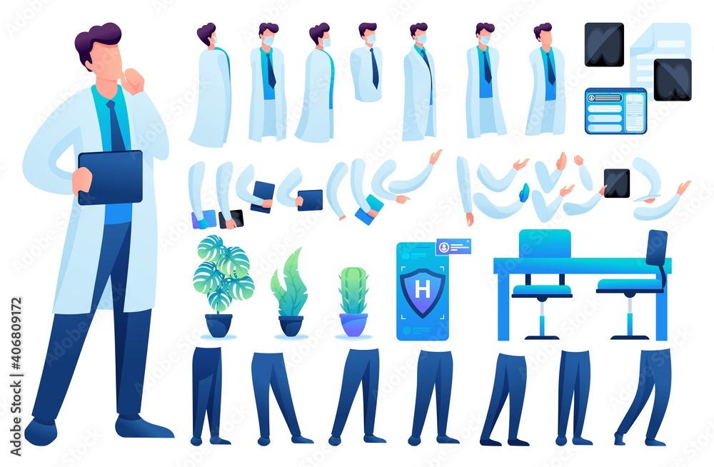 Constructor for creating a doctor N 5. Create your own doctor character with a Set of hands and feet. Flat 2D vector illustration Constructor for creating a doctor N 5. Create your own doctor character with a Set of hands and feet. Flat 2D vector illustration