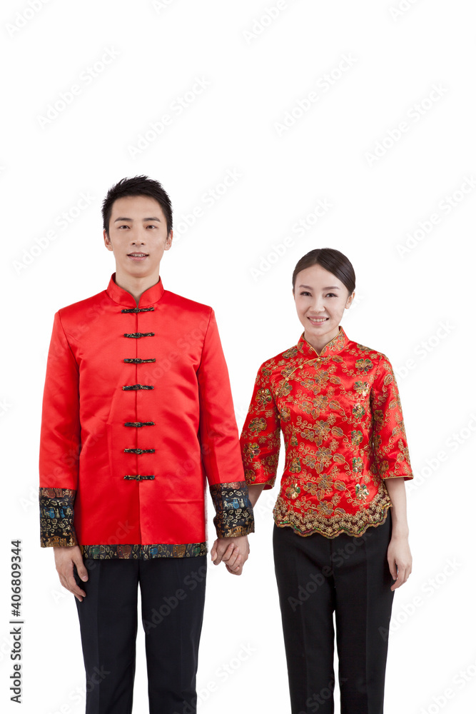 Portrait of young couple in Tang suits paying New Year call Portrait of young couple in Tang suits paying New Year call