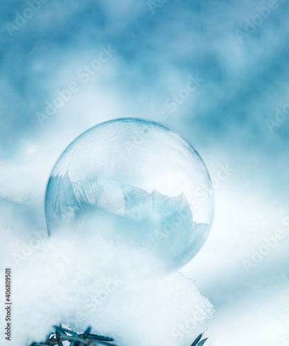 Macro of a frozen soap bubble sitting on a snowy evergreen tree branch. Blue tones and snowfall. Cold weather winter experiment. 