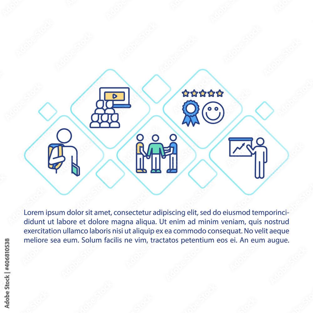 Staff training concept icon with text. Teaching your employees new things for improving company. PPT page vector template. Brochure, magazine, booklet design element with linear illustrations