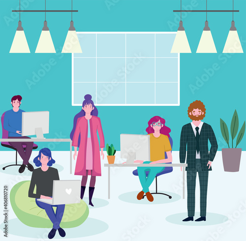 group of office workers sitting at desks with computer, people working