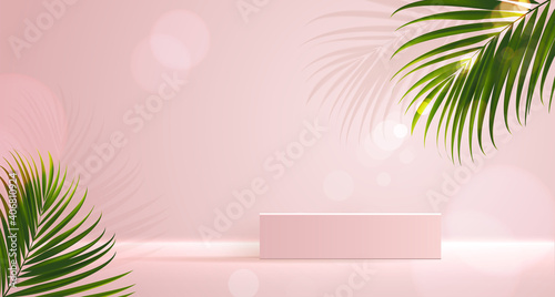 Cosmetic background for product  branding and packaging presentation. geometry form square molding on podium stage with tropical leaf background. vector design
