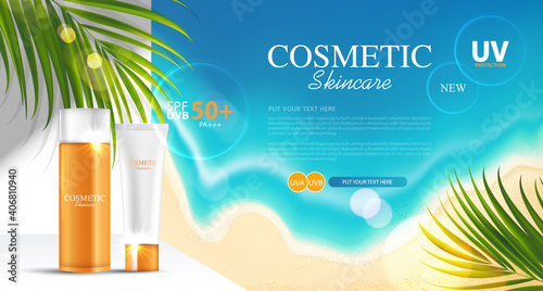 Sunblock ads template, sun protection cosmetic products design with moisturizer cream or liquid, sunshine and the beach background, vector design