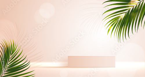 Cosmetic background for product, branding and packaging presentation. geometry form square molding on podium stage with tropical leaf background. vector design