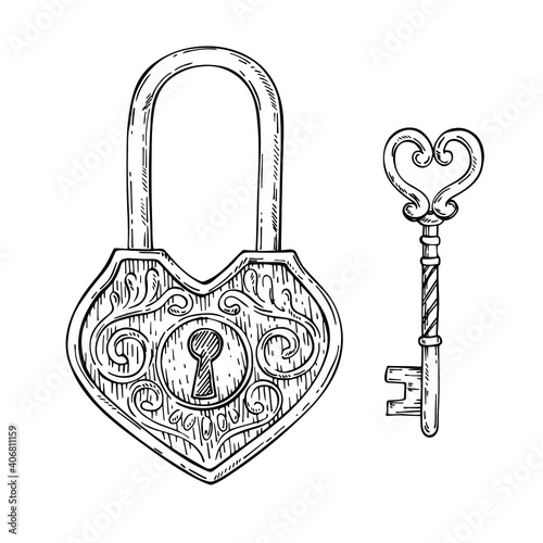 Sketch decorative heart shape key and vintage lock. Hand drawn  valentines day, love symbol