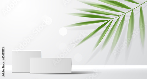 Cosmetic background for product, branding and packaging presentation. geometry form square molding on podium stage with tropical leaf background. vector design