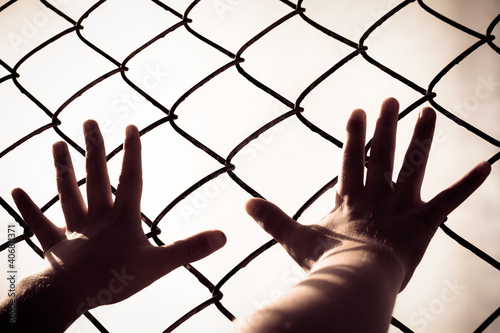 The child's hands are stretched out to the metal mesh.
