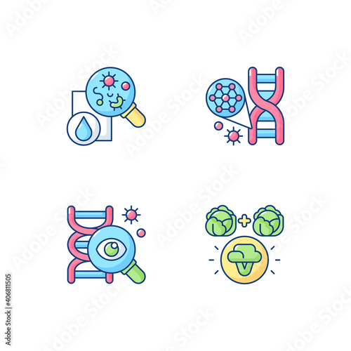Microbiology RGB color icons set. Genetic engineering. DNA structure. Selective breeding. Genetic research. Biotechnology experiment. Laboratory research. Isolated vector illustrations