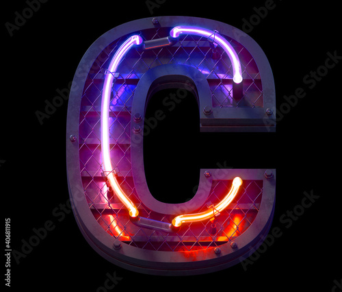 Heavy metal ultra neon font. Letter C.