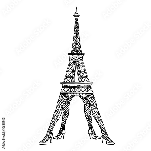 eiffel tower standing on women legs in fishnet stockings & high heels, funny caricature, vector illustration with black ink contour lines isolated on a white background in doodle & hand drawn style