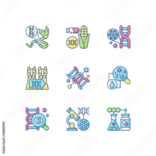 DNA structure experiment RGB color icons set. Genetic mutation. Genetically modiheredityfied organism. Animal cloning. Microbiology analysis. Genetic engineering. Isolated vector illustrations