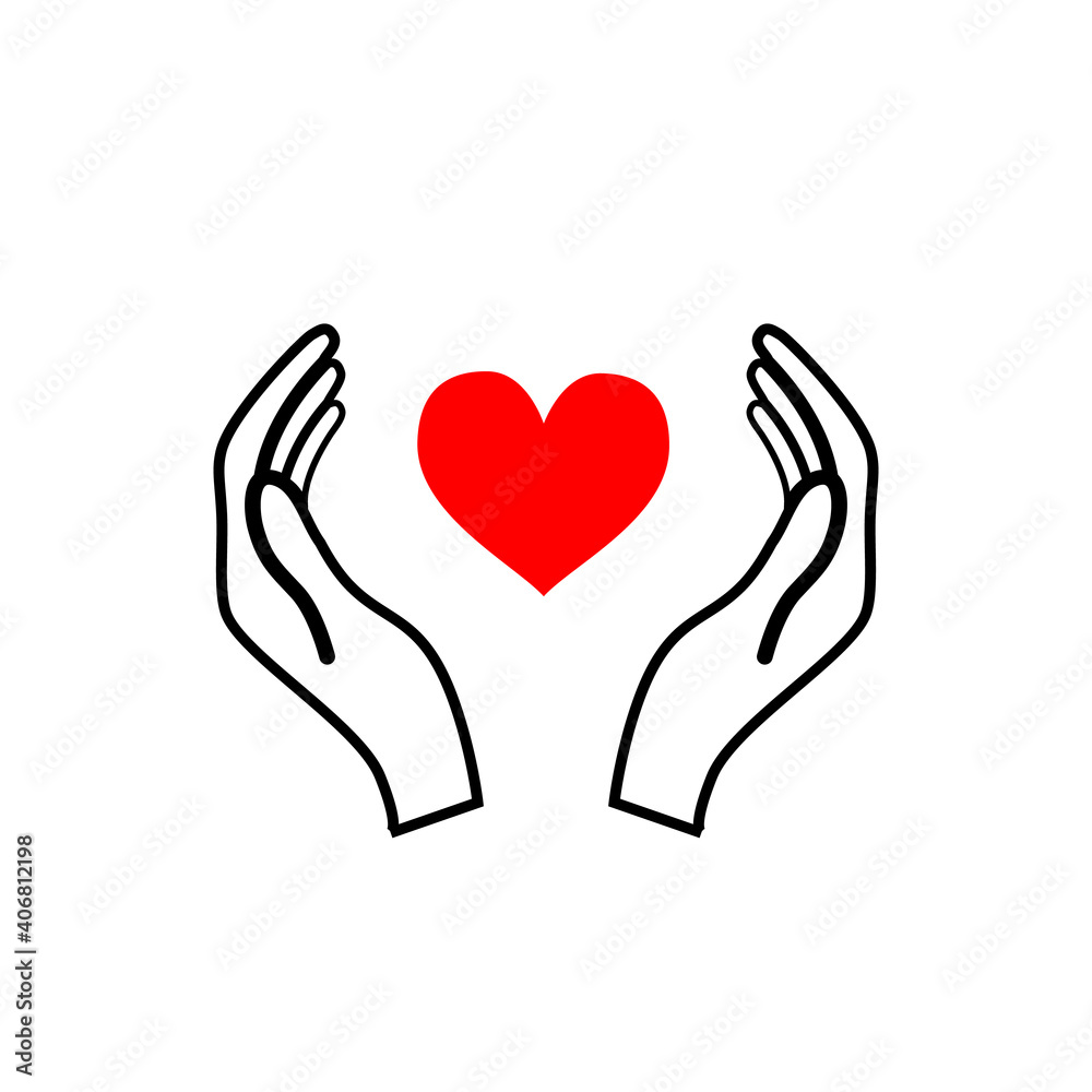 Hands hold a red heart, healthcare concept black outline icon on white Hands hold a red heart, healthcare concept black outline icon on white
