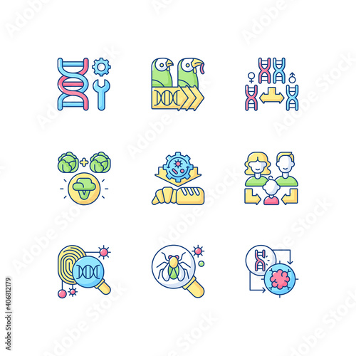 Genetics RGB color icons set. Genetic engineering. Chromosome division. Selective breeding. Industrial biotechnology. Heredity, human reproduction. Evolutionary genetics. Isolated vector illustrations