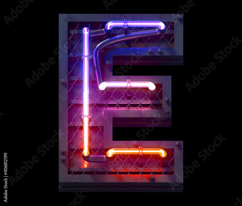 Heavy metal ultra neon font. Letter E.