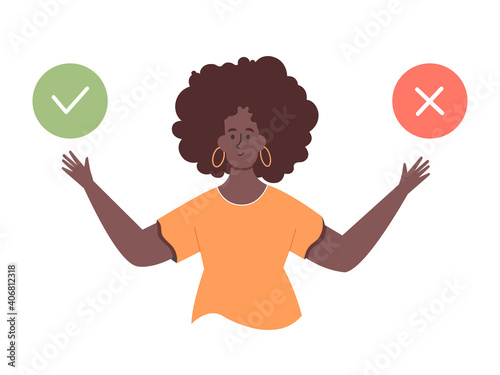 Black cute girl character. Choice of two options. Concept for do and don't, yes and no, like and dislike, pro and contra. Agree or reject. Vector flat illustration.