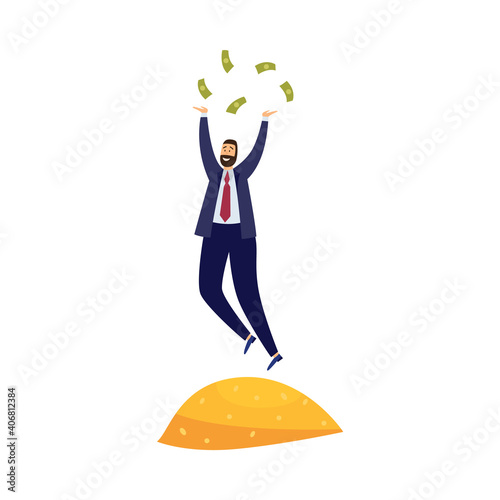 Financially successful rich businessman on pile gold, throwing banknotes dollars