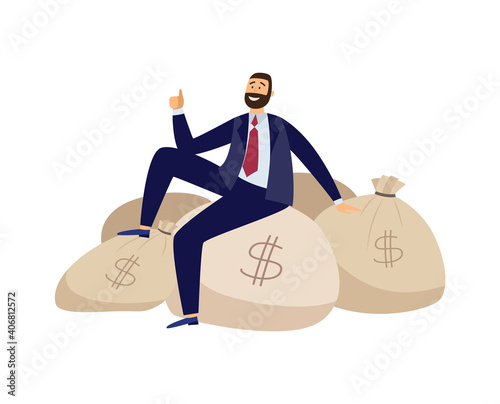 Rich businessman is sitting on bags full of money a flat vector illustration