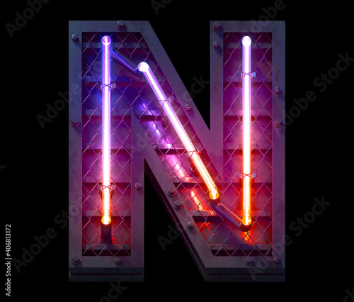 Heavy metal ultra neon font. Letter N. photo