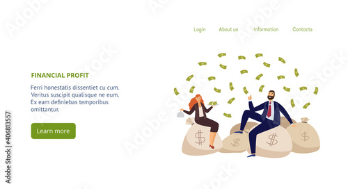 Website of financial profit topic with rich people flat vector illustration.