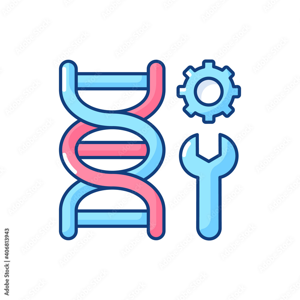 Genetic engineering RGB color icon. DNA structure. Scientific research. Experiment with molecule. Biotechnology test. Laboratory experiment. Lab examination. Isolated vector illustration Genetic engineering RGB color icon. DNA structure. Scientific research. Experiment with molecule. Biotechnology test. Laboratory experiment. Lab examination. Isolated vector illustration
