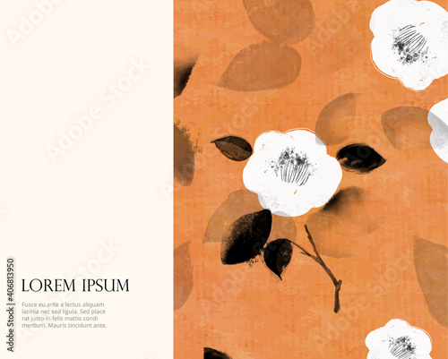 Wall Mural White japanese camelia flowers on vintage beige background with place for your text