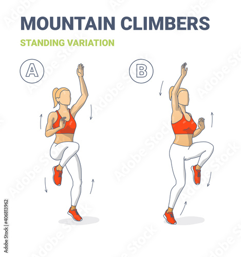 Standing Mountain Climbers Girl Home Workout Exercise Guide. Woman Lifting Knees, Extending Arms During Physical Jerks.