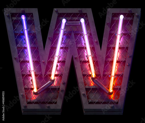Heavy metal ultra neon font. Letter W.