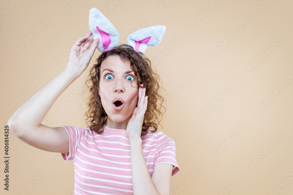 Young beautiful woman wearing easter rabbit ears standing over isolated pink background with hand on chin thinking about question, pensive expression. Smiling with thoughtful face. Doubt concept.
