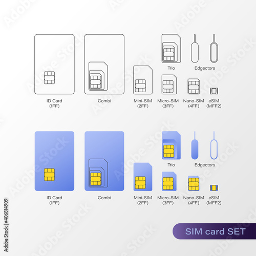 Sim card flat and line icons vector set. Micro, nano, eSim. Vector illustration isolated.