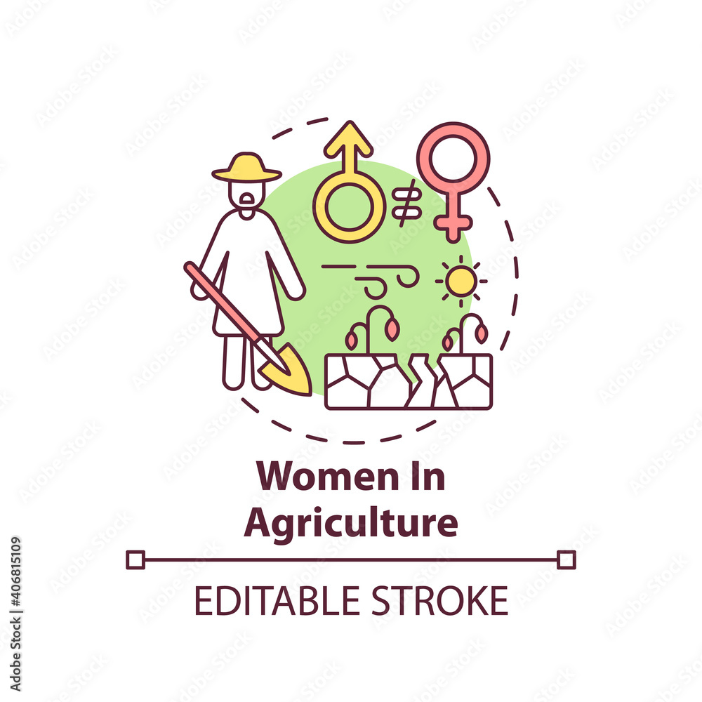 Women in agriculture concept icon. Climate justice idea thin line illustration. Vector isolated outline RGB color drawing. Rights protection. Use female labor in agriculture. Editable stroke Women in agriculture concept icon. Climate justice idea thin line illustration. Vector isolated outline RGB color drawing. Rights protection. Use female labor in agriculture. Editable stroke