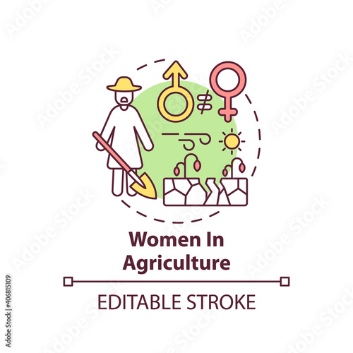 Women in agriculture concept icon. Climate justice idea thin line illustration. Vector isolated outline RGB color drawing. Rights protection. Use female labor in agriculture. Editable stroke © bsd studio